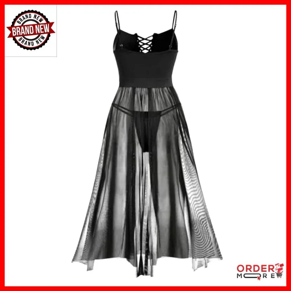 Plus Size Lace-Up Chemise Sheer Mesh Nightgown Adjustable Straps Long Gown
